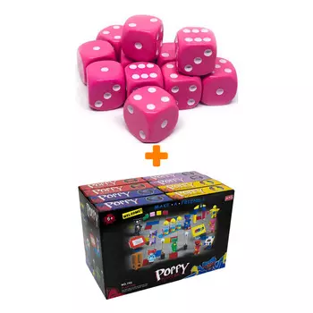 Набор кубиков Простые D6 16мм 12шт розово-белый + Конструктор Huggy Wuggy 33 детали Набор