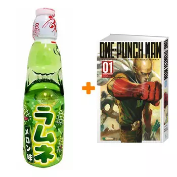 Набор Манга One-Punch Man Книга 1 Одним ударом &amp; Секрет силы + Напиток газированный Ramune Lemonade Melon Вкус дыни 200мл