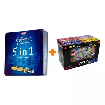 Настольная игра 5 в1 Шашки, шахматы, нарды, крестики-нолики, домино + Конструктор Huggy Wuggy 33 детали Набор