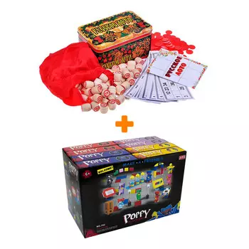 Настольная игра Русское лото Жестяная коробка + Конструктор Huggy Wuggy 33 детали Набор