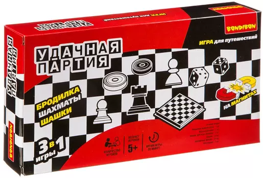 Настольная игра Удачная партия 3 в 1: Шашки + шахматы (бродилка)