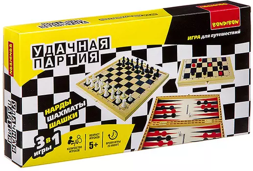 Настольная игра Удачная партия 3 в 1 Шашки, шахматы, нарды