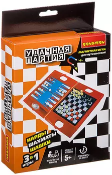 Настольная игра Удачная партия 3 в 1: Шашки + шахматы + нарды (компактная)