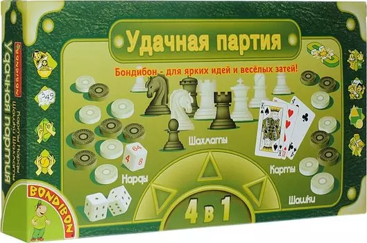 Настольная игра Удачная партия 4 в 1: Шашки, шахматы, нарды, карты
