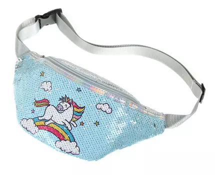 Сумка поясная с пайетками Единорог бегущий по радуге (голубая)