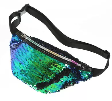 Сумка поясная с пайетками (зелено-синяя)