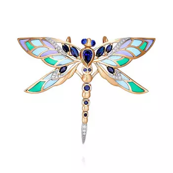 Брошь из красного золота 585 пробы с корундом синтетическим