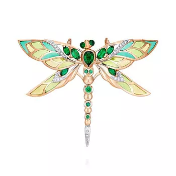 Брошь из красного золота 585 пробы с бриллиантом, изумрудом