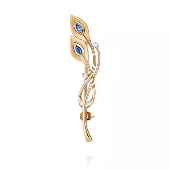 Брошь из красного золота 585 пробы с бриллиантом, сапфиром