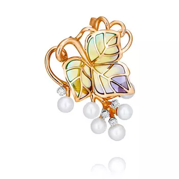 Брошь из красного золота 585 пробы с бриллиантом, жемчугом