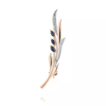 Брошь из красного золота 585 пробы с бриллиантом, сапфиром