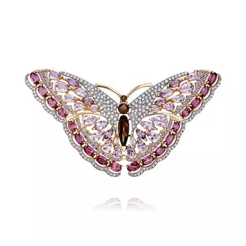 Брошь из красного золота 585 пробы с миксом вставок