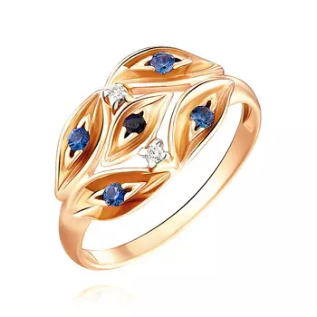 Кольцо из красного золота 585 пробы с бриллиантом, сапфиром