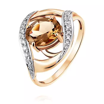 Кольцо из красного золота 585 пробы с кварцем, фианитом