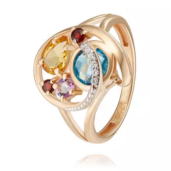 Кольцо из красного золота 585 пробы с аметистом, гранатом, топазом, фианитом, цитрином