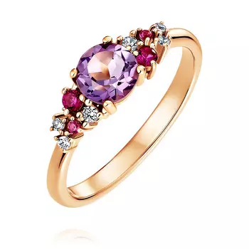 Кольцо из красного золота 585 пробы с фианитом и аметистом