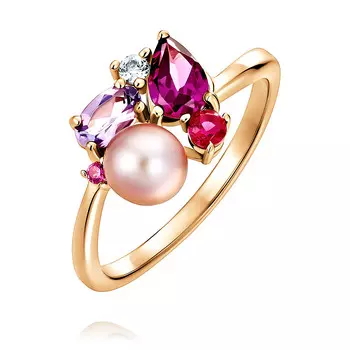 Кольцо из красного золота 585 пробы с аметистом, жемчугом, родолитом и фианитом