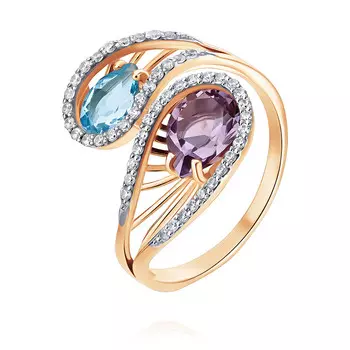 Кольцо из красного золота 585 пробы с аметистом, топазом, фианитом