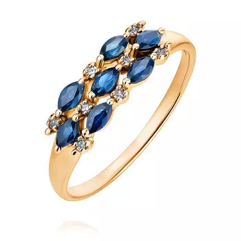 Кольцо из красного золота 585 пробы с бриллиантом, сапфиром