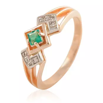 Кольцо из красного золота 585 пробы с бриллиантом, изумрудом