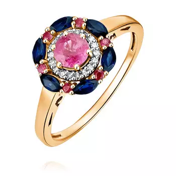 Кольцо из красного золота 585 пробы с бриллиантом, рубином, сапфиром