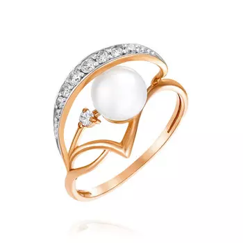 Кольцо из красного золота 585 пробы с жемчугом, фианитом