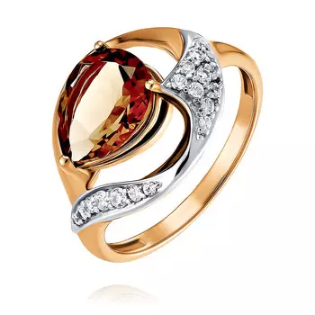 Кольцо из красного золота 585 пробы с кварцем, фианитом