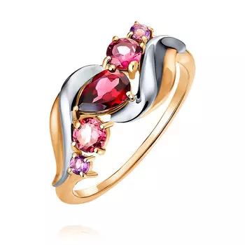 Кольцо с аметистом и родолитом из красного золота 585 пробы