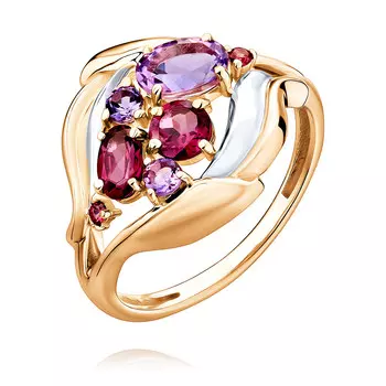 Кольцо с аметистом и родолитом из красного золота 585 пробы