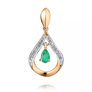 Подвеска из красного золота 585 пробы с бриллиантом, изумрудом