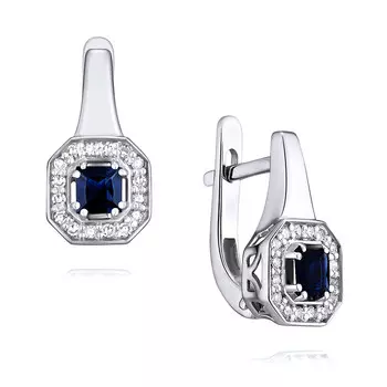 Серьги из белого золота 585 пробы с бриллиантом, сапфиром