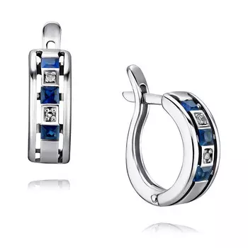 Серьги из белого золота 585 пробы с бриллиантом, сапфиром