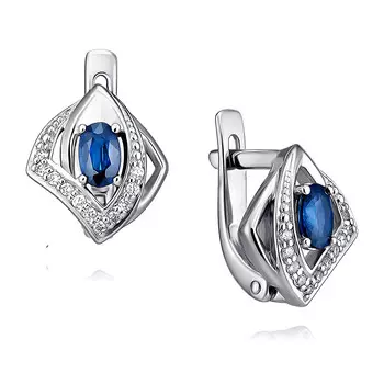 Серьги из белого золота 585 пробы с бриллиантом, сапфиром