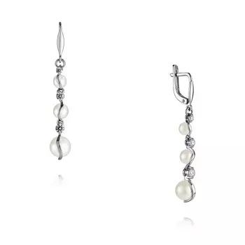 Серьги из белого золота 585 пробы с жемчугом, фианитом