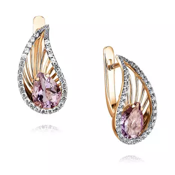 Серьги из красного золота 585 пробы с аметистом, фианитом