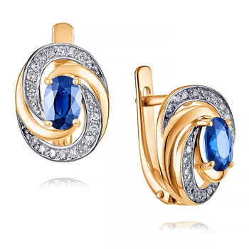 Серьги из красного золота 585 пробы с бриллиантом, сапфиром