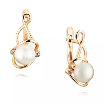Серьги из красного золота 585 пробы с жемчугом, фианитом