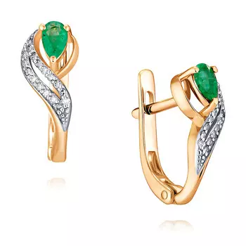 Серьги из красного золота 585 пробы с бриллиантом, изумрудом