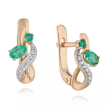 Серьги из красного золота 585 пробы с бриллиантом, изумрудом