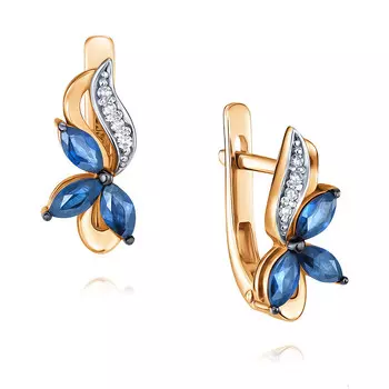 Серьги из красного золота 585 пробы с бриллиантом, сапфиром