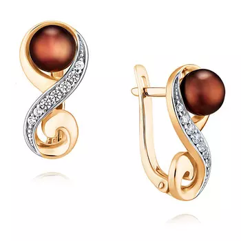 Серьги из красного золота 585 пробы с жемчугом и фианитом