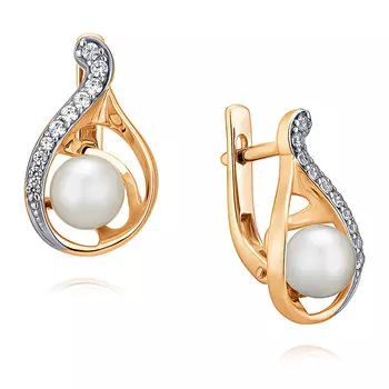 Серьги из красного золота 585 пробы с жемчугом, фианитом