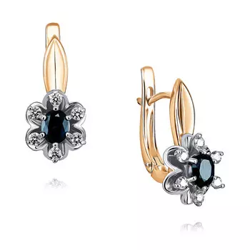 Серьги из красного золота 585 пробы с бриллиантом, сапфиром