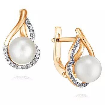 Серьги из красного золота 585 пробы с жемчугом, фианитом