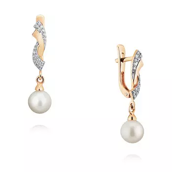 Серьги из красного золота 585 пробы с жемчугом, фианитом