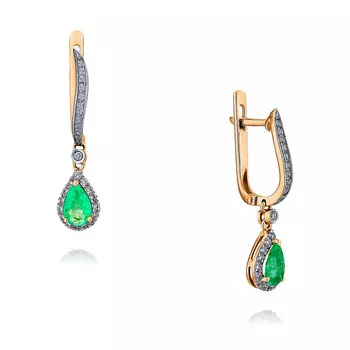 Серьги из красного золота 585 пробы с изумрудом и бриллиантом