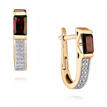 Серьги из красного золота 585 пробы с фианитом и гранатом