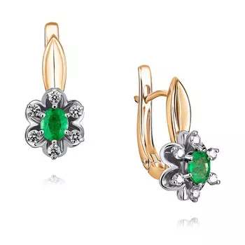 Серьги из красного золота 585 пробы с бриллиантом и изумрудом