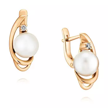 Серьги из красного золота 585 пробы с бриллиантом, жемчугом