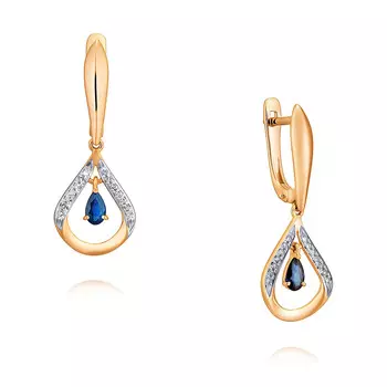 Серьги из красного золота 585 пробы с бриллиантом, сапфиром